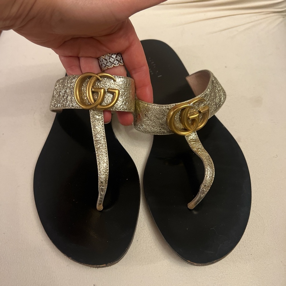 Gucci Gold and Black Sandals with Iconic GG Logo